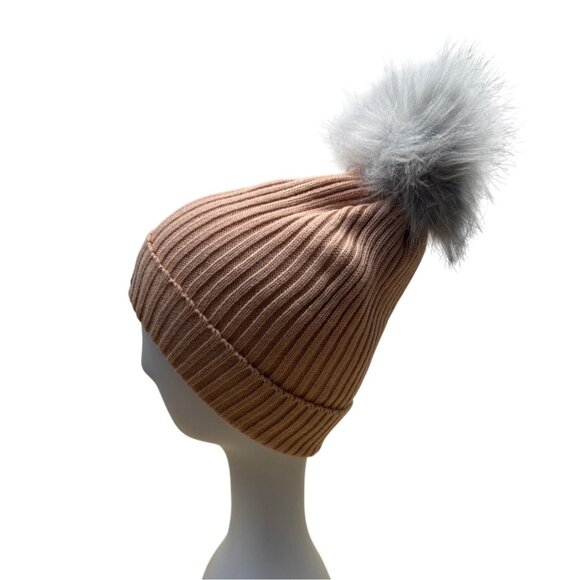 Womens Ribbed Knit Peach GH Bass and Co Beanie Hat With Faux Fur Pom One Size - Picture 6 of 8